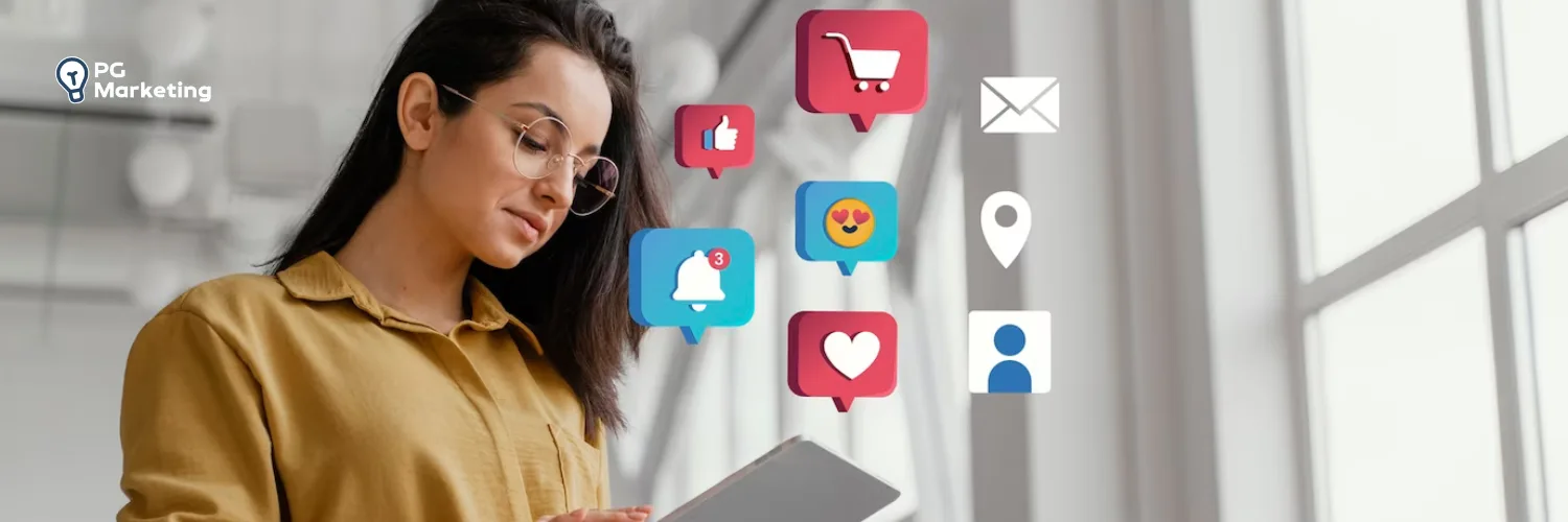 Mulher mexendo no tablet e vários emojis saindo da tela para indicar o marketing 4.0